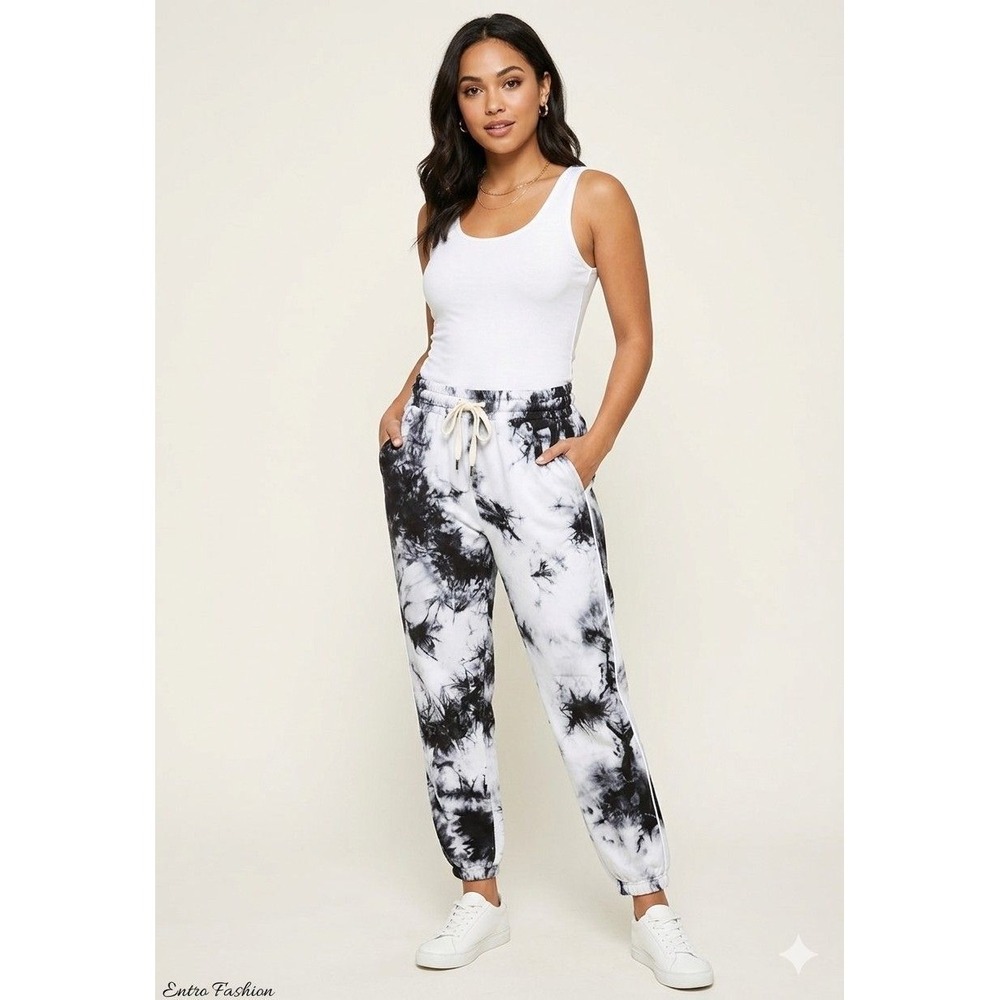 Entro Black White Tie Dye Joggers Side Stripe Sweatpants Small